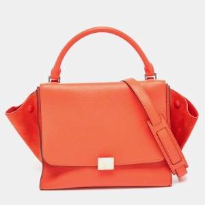 Pre Owned Celine Coral Red Leather and Suede Medium Trapeze Top Handle Bag