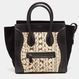 Pre Owned Celine Black/Beige Karung,Suede and Leather Mini Luggage Tote