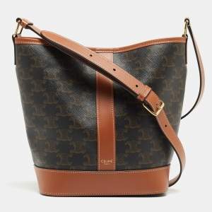 Celine Tan/Dark Brown Triomphe Canvas And Leather Small Bucket Bag