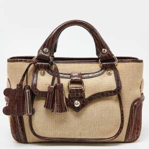 Pre Owned Celine Brown/Cream Raffia and Croc Embossed Leather Boogie Tote
