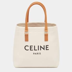Pre Owned Celine Brown/Off White Canvas and Leather Vertical Cabas Tote