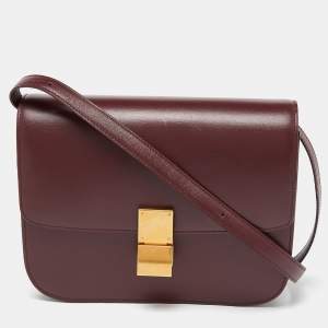 Pre Owned Celine Burgundy Leather Medium Classic Box Shoulder Bag