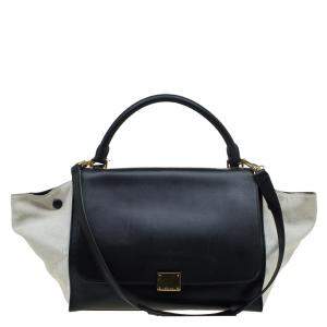 Pre Owned Celine Black/Beige Leather and Canvas Medium Trapeze Top Handle Bag