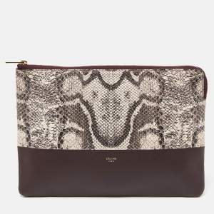 Celine Beige/Burgundy Snake Print Leather and Leather Solo Clutch Pouch