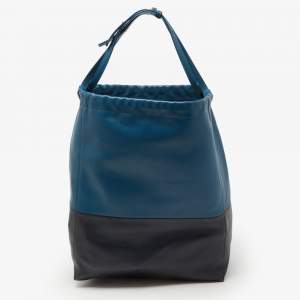 Pre Owned Celine Two Tone Blue Leather Cabas Drawstring Tote