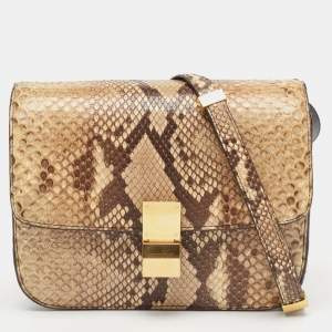 Pre Owned Celine Beige/Grey Python Medium Classic Box Shoulder Bag
