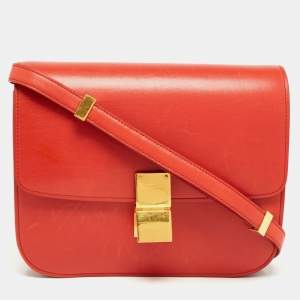 Pre Owned Celine Coral Red Leather Medium Classic Box Shoulder Bag