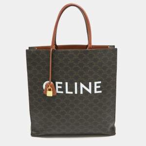 Pre Owned Celine Dark Brown Triomphe Coated Canvas and Leather Medium Vertical Cabas Tote