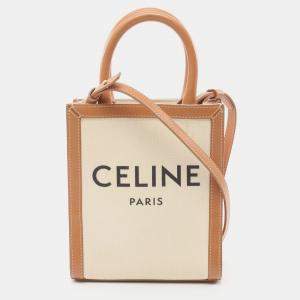 Celine Mini Vertical Cabas Handbag Canvas Leather Ivory Light brown