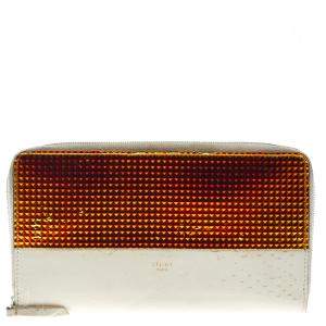 Pre Owned Celine Off White Leather Holographic Zip Up Wallet