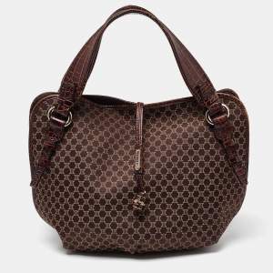 Celine Dark Brown Macadam Fabric and Croc Embossed Leather Bittersweet Hobo