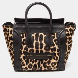 Pre Owned Celine Brown Leopard Print Calfhair and Leather Mini Luggage Tote