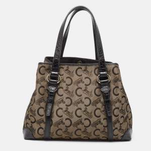 Pre Owned Celine Black/Brown Macadam Fabric and Croc Embossed Leather Tote