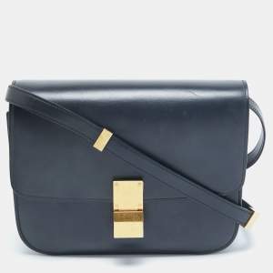 Celine Navy Blue Leather Medium Classic Box Shoulder Bag