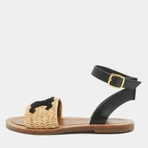 Celine Beige/Black Leather and Raffia Ankle Strap Flat Sandals Size 39