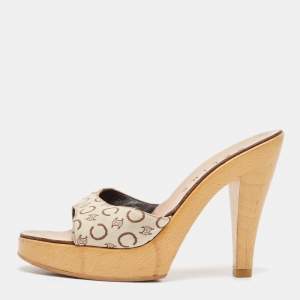 Celine Beige/Brown Logo Print Canvas Platform Slide Sandals Size 37