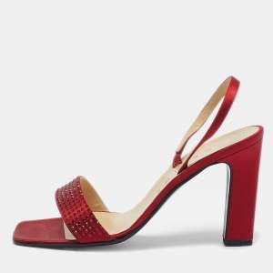 Celine Red Satin Crystal Embellished Slingback Sandals Size 37