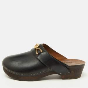 Celine Black Leather Chain Logo Detail Platform Clogs Size 39