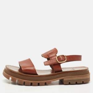 Celine Brown Leather Clea Triomphe Flat Sandals Size 37