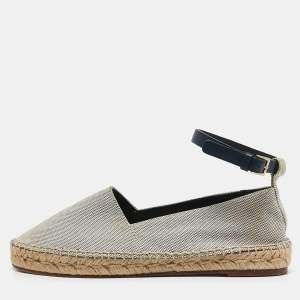 Celine White/Navy Blue Canvas Ankle Strap Espadrille Flats Size 38