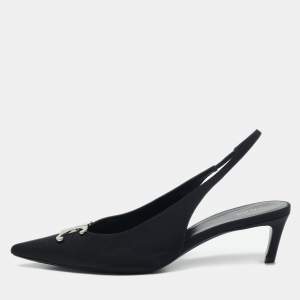 Pre Owned Celine Black Fabric Logo Pointed Toe Alma Triomphe Slingback Pumps Size 40
