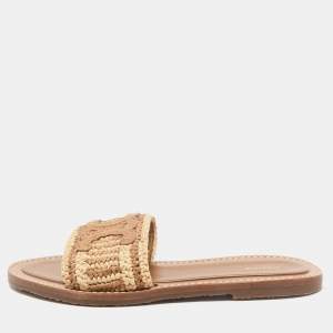 Celine Brown/Beige Woven Fabric and Raffia Lympia Flat Slide Sandals Size 38