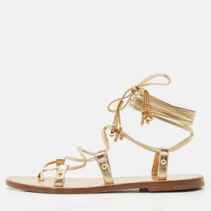 Celine Gold Leather Studded Ankle Wrap Flat Sandals Size 37