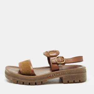 Celine Brown Leather and Suede Clea Triomphe Platform Sandals Size 37