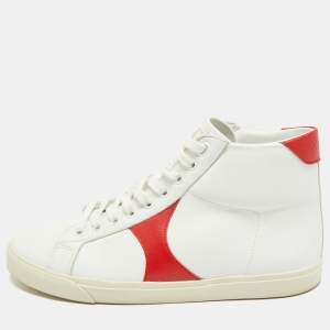 Pre Owned Celine Triomphe Size 38 White/Red Leather High Top Sneakers