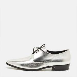 Pre Owned Celine Size 39 Metallic Silver Leather Lace Up Oxfords