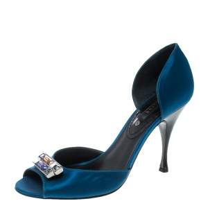 Pre Owned Céline Blue Satin Crystal Embellished D’orsay Peep Toe Pumps Size 39