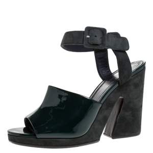 Pre Owned Celine Green Patent Leather And Suede Ankle Strap Open Toe Platform Sandals Size 37.5