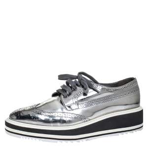 Prada Metallic Silver Brogue Leather Platform Low Top Sneakers Size 38