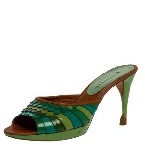 Celine Green Patent And Leather Trim Scalloped Open Toe Sandals Size 40