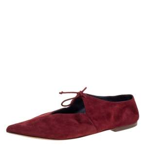 Pre Owned Celine Burgundy Suede V Neck Tie Up Flats Size 37.5