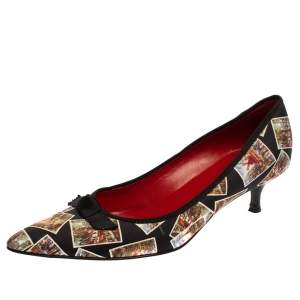 Pre Owned  Celine Black Satin Postcard Print Kitten Heel Pumps Size 37.5