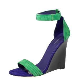 Cèline Gree/Blue Suede Ankle Strap Wedge Sandals Size 40