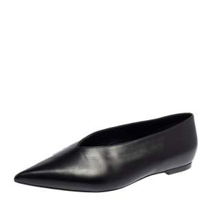 Pre Owned Celine Black Leather V-Neck Ballet Flats Size 37.5