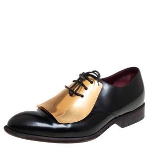 Pre Owned Celine Black Leather Gold Metal Plate Lace Up Derby Size 37.5