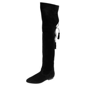 Pre Owned Celine Black Suede Fringe Thigh High Boots Size 39