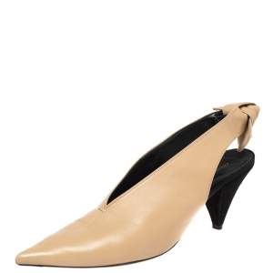 Pre Owned Celine Beige Leather V Neck Pointed Toe Slingback Pumps Size 37.5