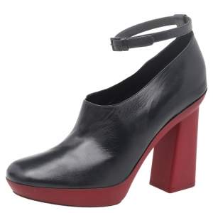 Pre Owned Celine Black Leather Ankle Length Block Heel Boots Size 38