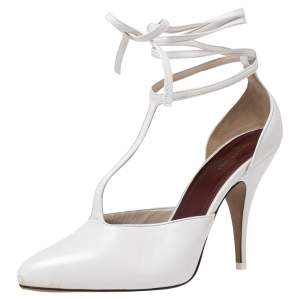 Pre Owned Celine White Leather Night Out T-Strap Ankle Wrap Pumps Size 38