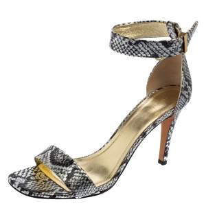 Pre Owned Celine Silver/Black  Python Embossed Leather  Ankle Strap Sandals Size 39