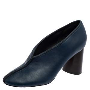 Pre Owned Celine Navy Blue Leather V Neck Block Heel  Pumps Size 38.5