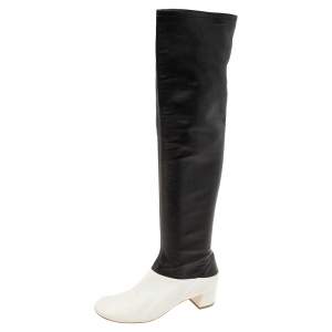 Pre Owned Celine White/Black Leather Knee Length Boots Size 39