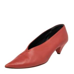 Pre Owned Celine Burnt Orange Leather V Neck Pumps Size 39