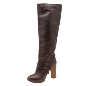 Pre Owned Celine Brown Leather Buckle Detail Platform Knee Length Boots Size 39