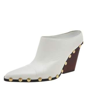Pre Owned Celine White Leather Studded Pointed-Toe Booties Size 39
