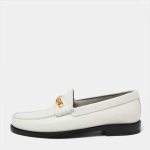 Pre Owned Celine White Leather Chain Embellished Slip On Loafers Size 37